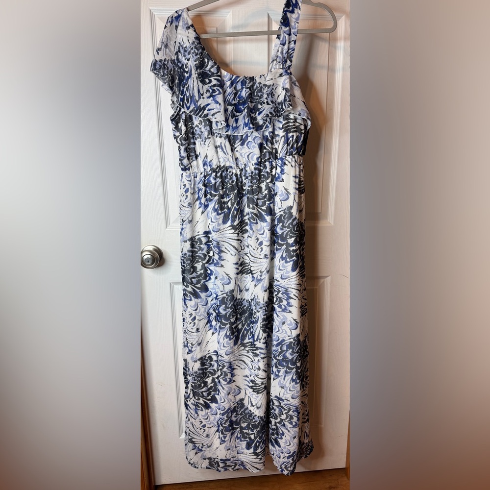 NWT New Directions One Shoulder Blue and White Dress